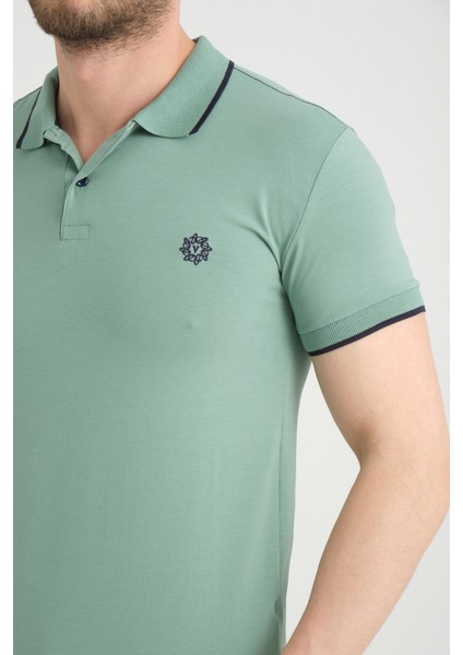 Erkek Yosun Yeşili Polo Yaka Biyeli Yazlık Pamuklu Kısa Kollu T Shirt fırsatları