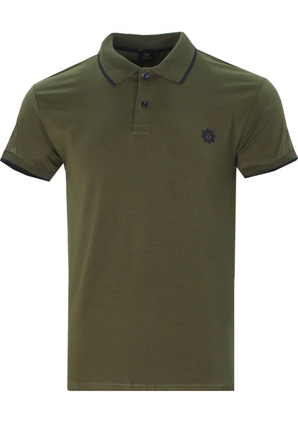 Erkek Zeytin Yeşili Polo Yaka Biyeli Yazlık Pamuklu Kısa Kollu T Shirt