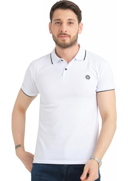 Erkek Beyaz Polo Yaka Biyeli Yazlık Pamuklu Kısa Kollu T Shirt