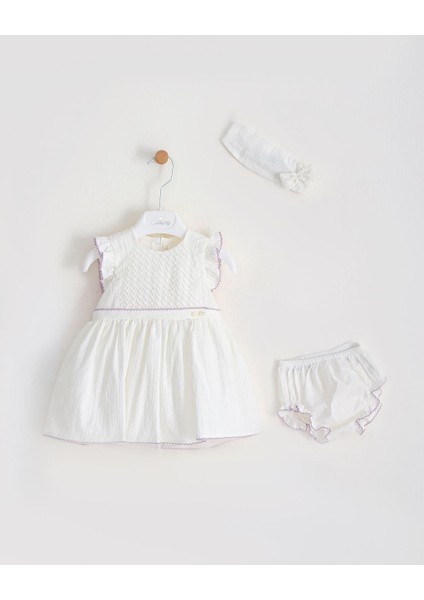 Kız Bebek Beyaz ve Lila Işlemeli Elbise