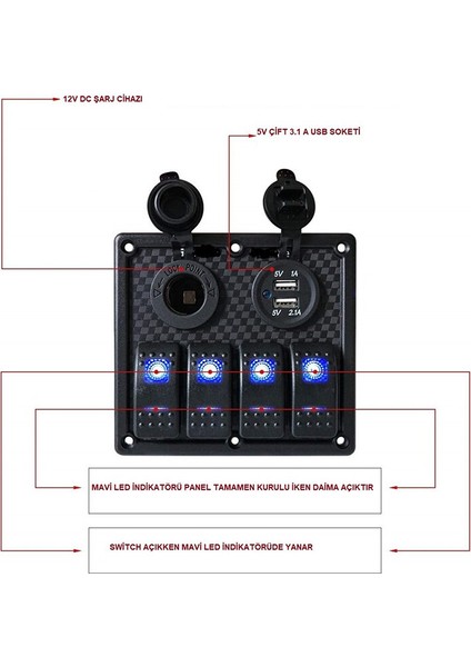 Sigortalı Switch Panel USB + 12V Çakmaklık, 4 Anahtarlı