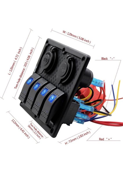 Sigortalı Switch Panel USB + 12V Çakmaklık, 4 Anahtarlı