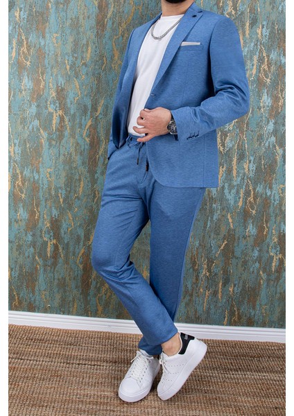 Erkek Slim Fit Mono Yaka Yarım Astar Açık Mavi Takım Elbise