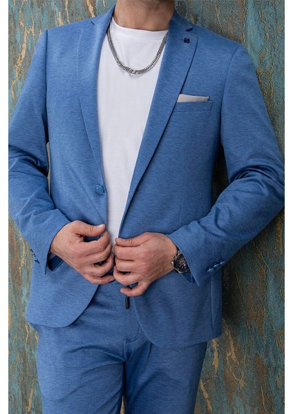 Erkek Slim Fit Mono Yaka Yarım Astar Açık Mavi Takım Elbise