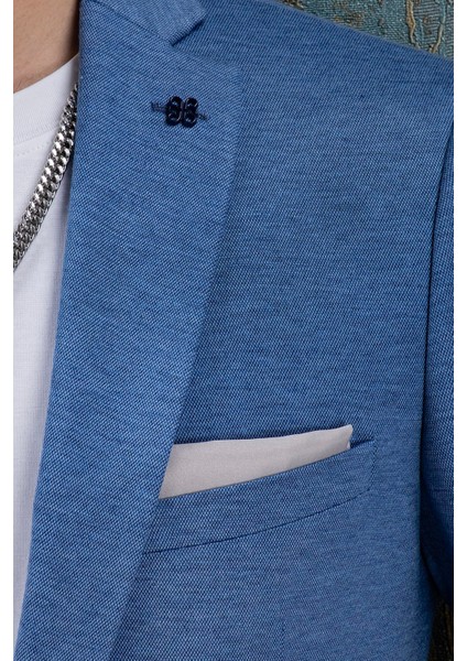 Erkek Slim Fit Mono Yaka Yarım Astar Açık Mavi Takım Elbise