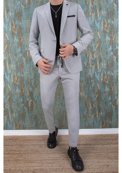 Erkek Slim Fit Mono Yaka Yarım Astar Açık Gri Takım Elbise