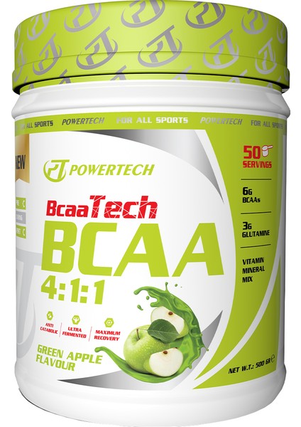 Powertech Nutrition Powertech Bcaatech Bcaa 4:1:1 Yeşil Elma Aromalı Amino Asit 500 gr 50 Servis