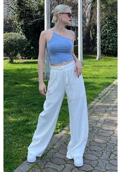 Beyaz Geniş Paça Kadın Pantolon MG1982
