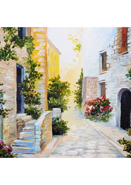 Taş Evler ve Çiçekli Yol Yağlıboya Kanvas Tablo 50 x 70