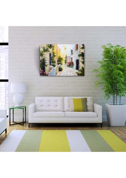 Taş Evler ve Çiçekli Yol Yağlıboya Kanvas Tablo 50 x 70