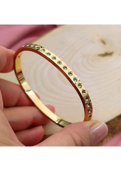 Gömme Zirkon Taşlı Çelik Kelepçe Bileklik | Tasarım Çelik Bilezik | Altın 18 cm