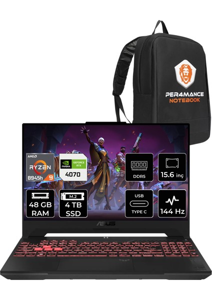 Tuf Gaming A15 Amd Ryzen 9 8945H 48GB 4tb SSD RTX4070/8GB 140W 15.6" Fhd 144Hz Fdos Taşınabilir Bilgisayar LP124 & Per4 Çanta LP124P330