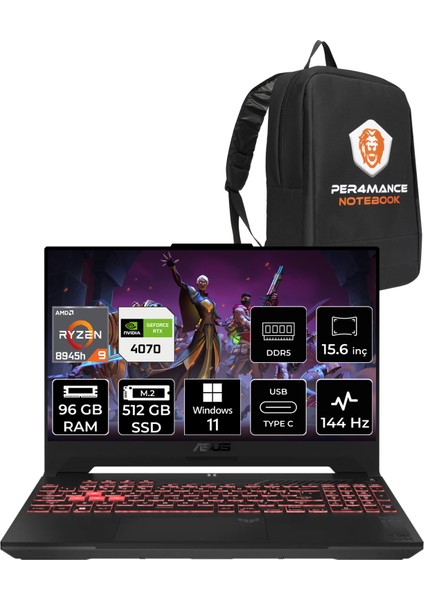 Tuf Gaming A15 Amd Ryzen 9 8945H 96GB 512GB SSD RTX4070/8GB 140W 15.6" Fhd 144Hz W11P Taşınabilir Bilgisayar LP124 & Per4 Çanta LP124P417