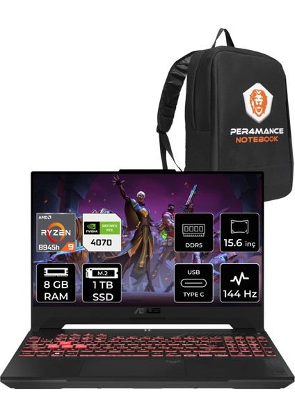 Tuf Gaming A15 Amd Ryzen 9 8945H 8gb 1tb SSD RTX4070/8GB 140W 15.6" Fhd 144Hz Fdos Taşınabilir Bilgisayar LP124 & Per4 Çanta LP124P303