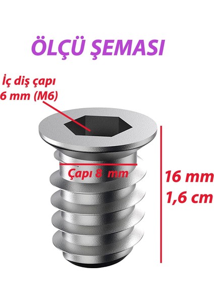 Metal Düz Dişli Dübel Ahşap Dübeli M6 8X16 Diş Çinko Mobilya Bağlantı Ünite Birleştirme (25 Adet)