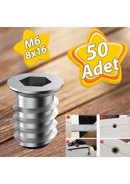 Metal Düz Dişli Dübel Ahşap Dübeli M6 8X16 Diş Çinko Mobilya Bağlantı Ünite Birleştirme (50 Adet)