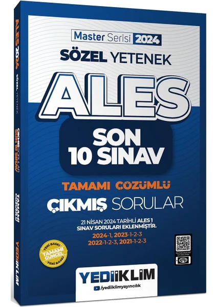 Yediiklim Yayınları 2024 ALES Sözel Yetenek Son 10 Sınav Tamamı Çözümlü Çıkmış Sorular