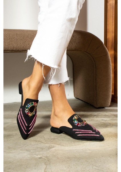 Silana Kadın Terlik Taşlı Siyah Saten