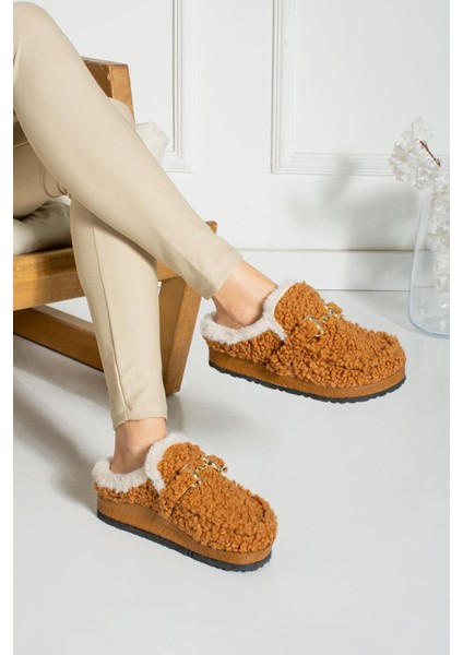 Lamia Kadın Terlik Tokalı Içi Kürklü Taba