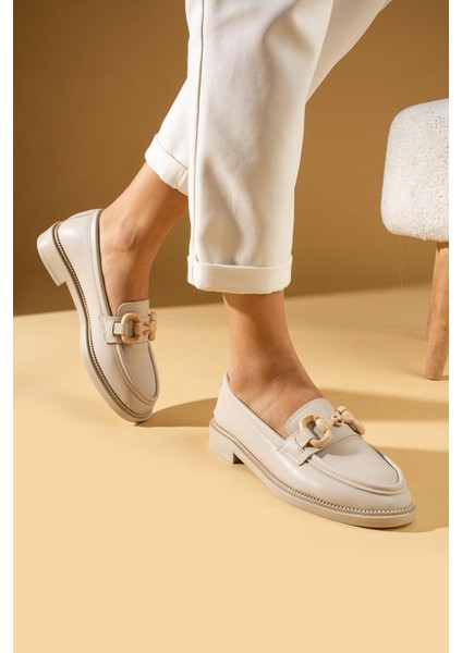 Ronja Kadın Makosen Ayakkabı Halka Tokalı Babet Bej Deri