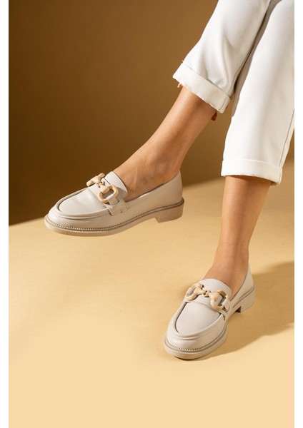 Ronja Kadın Makosen Ayakkabı Halka Tokalı Babet Bej Deri fiyatları