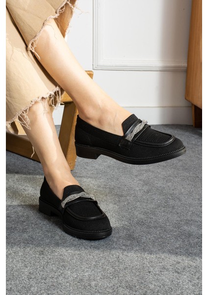 Roderika Kadın Makosen Ayakkabı Triko Dokumalı Biye Dolamalı Taşlı Babet Siyah
