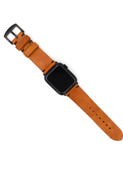 Apple Watch Uyumlu Yandan Dikişli Deri Saat Kordonu Camel