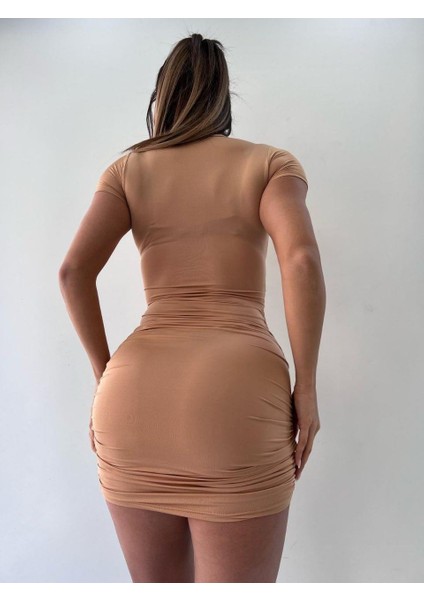 Bej V Yaka Hollow Out Wrap Hip Kısa Kollu Mini Elbise