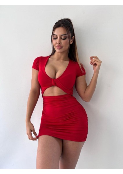 Kırmızı V Yaka Hollow Out Wrap Hip Kısa Kollu Mini Elbise