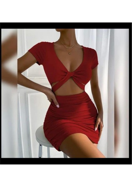 Kırmızı V Yaka Hollow Out Wrap Hip Kısa Kollu Mini Elbise modelleri