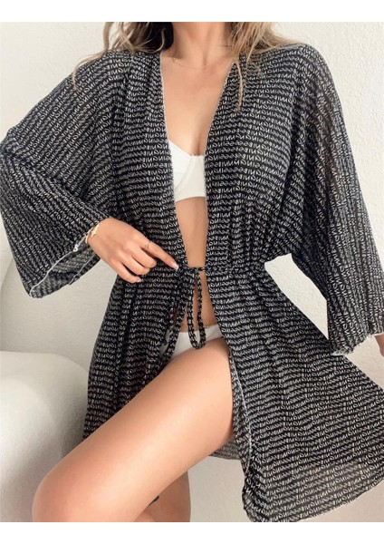 Siyah Tül Üzeri Golf Baskılı Likralı Kimono Tarzı Pareo fiyatları