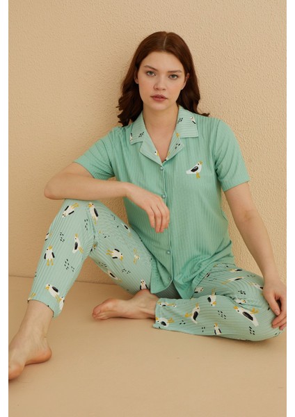 Dreamy Ipeksi Kaşkorse Martı Desenli Kısa Kollu Gömlek Pijama Takımı