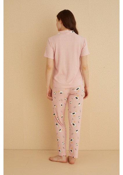 Dreamy Ipeksi Kaşkorse Martı Desenli Kısa Kollu Gömlek Pijama Takımı modelleri