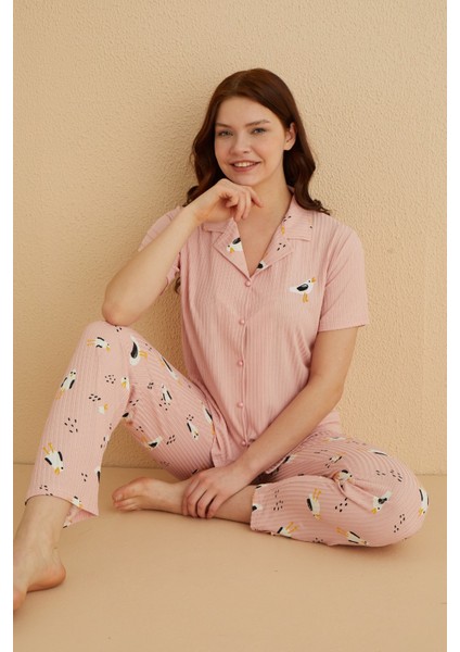 Dreamy Ipeksi Kaşkorse Martı Desenli Kısa Kollu Gömlek Pijama Takımı