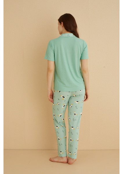 Dreamy Ipeksi Kaşkorse Martı Desenli Kısa Kollu Gömlek Pijama Takımı modelleri