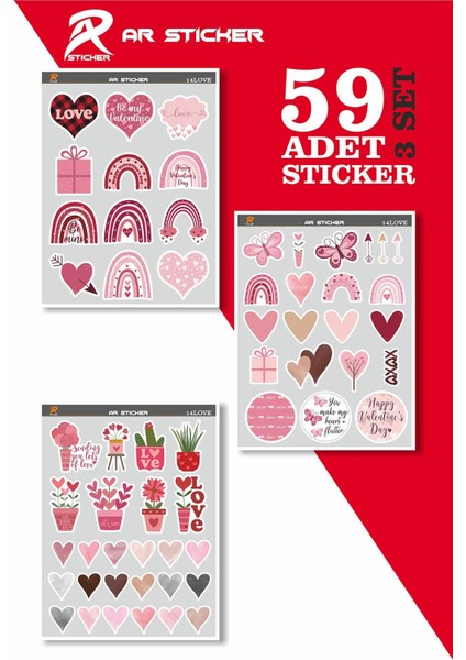 - 59 Adet - Sevgililer Günü Laptop Notebook Ajanda Tablet Sticker Etiket Çıkartma Seti