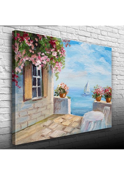 Taş Balkon, Deniz ve Yelkenli Yağlıboya Kanvas Tablo 50 x 70