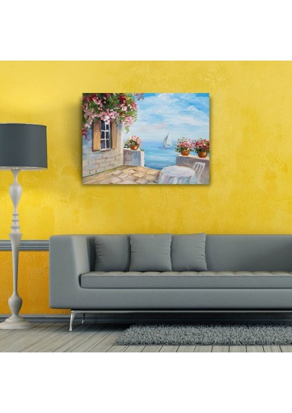 Taş Balkon, Deniz ve Yelkenli Yağlıboya Kanvas Tablo 50 x 70