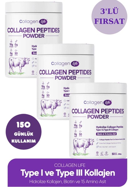 Collagen Life Hidrolize Kolajen Peptitler Biotin ve 15 Amino Asit Içeren Gıda Takviyesi 3'lü Set