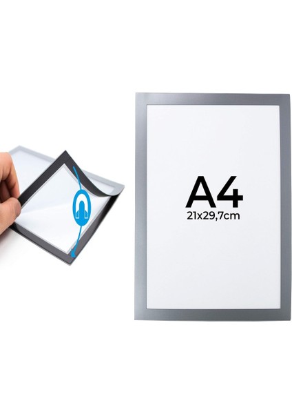 Yapışkanlı Alüminyum Renk Çift Mıknatıslı Şömiz Magnet Çerçeve Duyuru Pano 21X30 cm (A4)