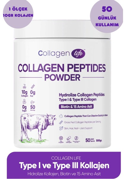 Collagen Life Hidrolize Kolajen Peptitler Biotin ve 15 Amino Asit Içeren Gıda Takviyesi