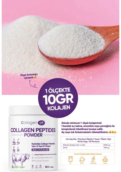 Collagen Life Hidrolize Kolajen Peptitler Biotin ve 15 Amino Asit Içeren Gıda Takviyesi