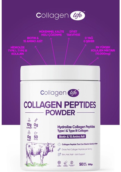 Collagen Life Hidrolize Kolajen Peptitler Biotin ve 15 Amino Asit Içeren Gıda Takviyesi