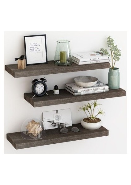 Dekoratif Doğal Ahşap 3'lü Takım 55x15x4 cm (Gizli Aparatlı Raf)