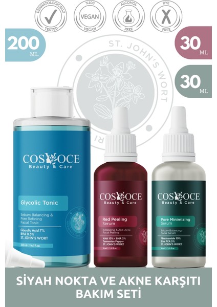 Sivilce ve Siyah Nokta Karşıtı Bakım Seti Gylcolic Acid, Aha, Bha, Niacinamide, Zinc Pca 200 ml + 30 ml + 30 ml