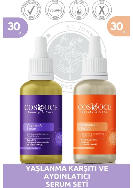 Yaşlanma Karşıtı ve Aydınlatıcı Serum Seti Vitamin A, Collagen, Retinol 30 ml + 30 ml