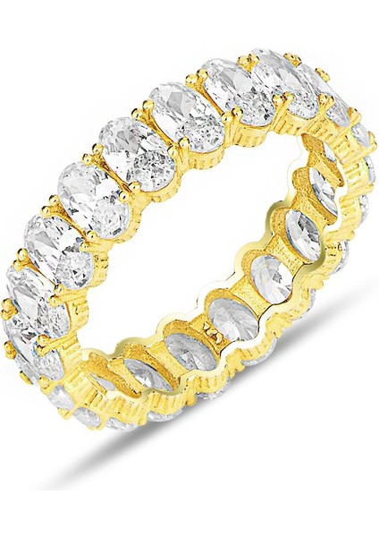 Gümüş Altın Yaldızlı Oval Baget Kesim Zirkon Taşlı Tamtur Yüzük SGTL12218GOLD