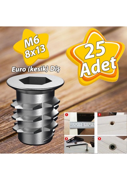 Metal Euro Dişli Dübel Ahşap Dübeli M6 8X13 Diş Çinko Mobilya Bağlantı Ünite Birleştirme (25 Adet)