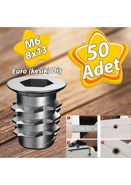 Metal Euro Dişli Dübel Ahşap Dübeli M6 8X13 Diş Çinko Mobilya Bağlantı Ünite Birleştirme (50 Adet)