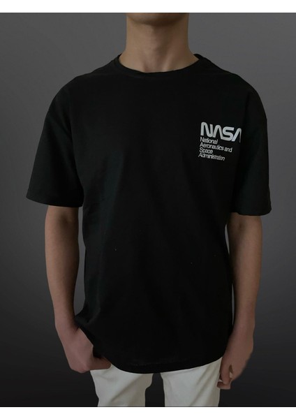 Nasa Baskılı Bisiklet Yaka T-Shirt